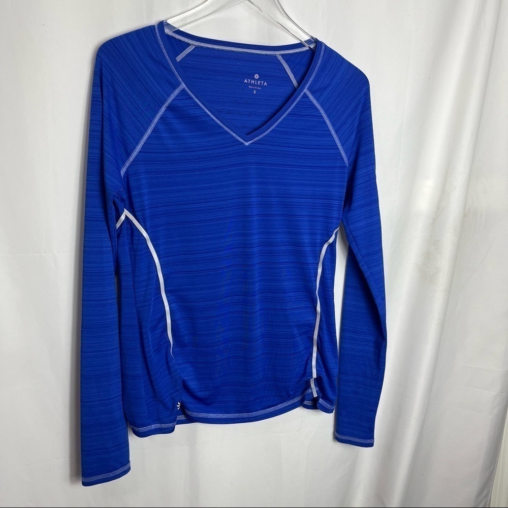 Athleta Zinger V Neck Zip Pocket Long Sleeve Blue Vent Back Top Medium 1148